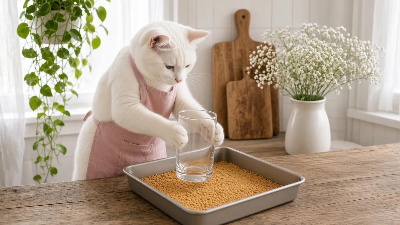 A cream-coloured cat in a pink apron, cooking this dish