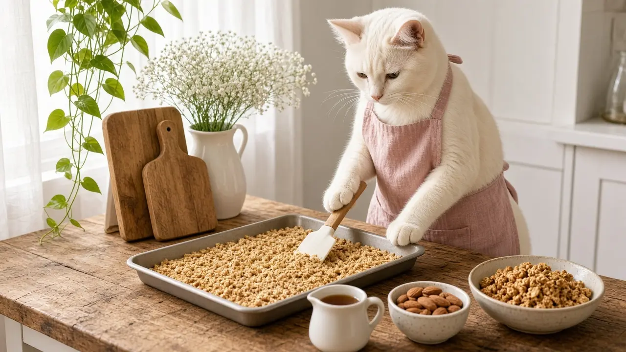 A cream-coloured cat in a pink apron, cooking this dish