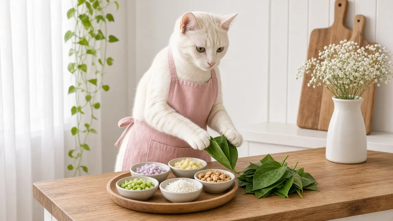 A cream-coloured cat in a pink apron, cooking this dish