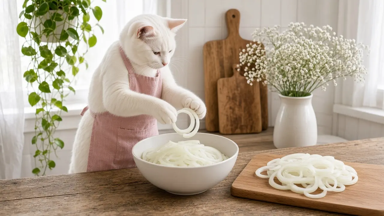 A cream-coloured cat in a pink apron, cooking this dish