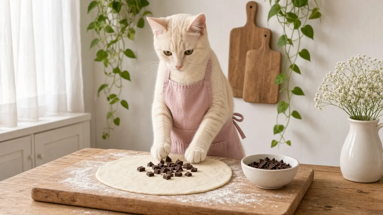 A cream-coloured cat in a pink apron, cooking this dish
