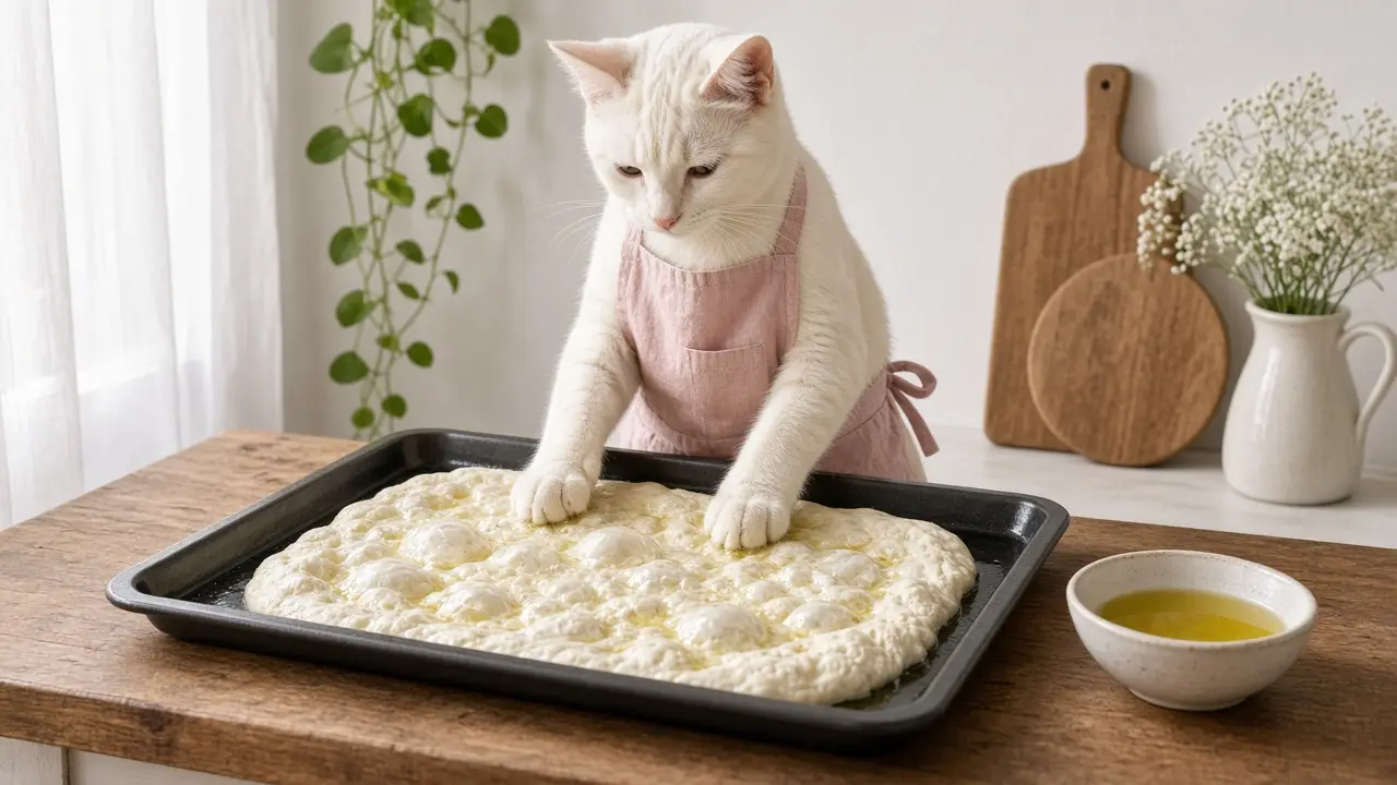 A cream-coloured cat in a pink apron, cooking this dish