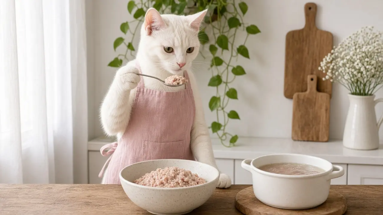 A cream-coloured cat in a pink apron, cooking this dish