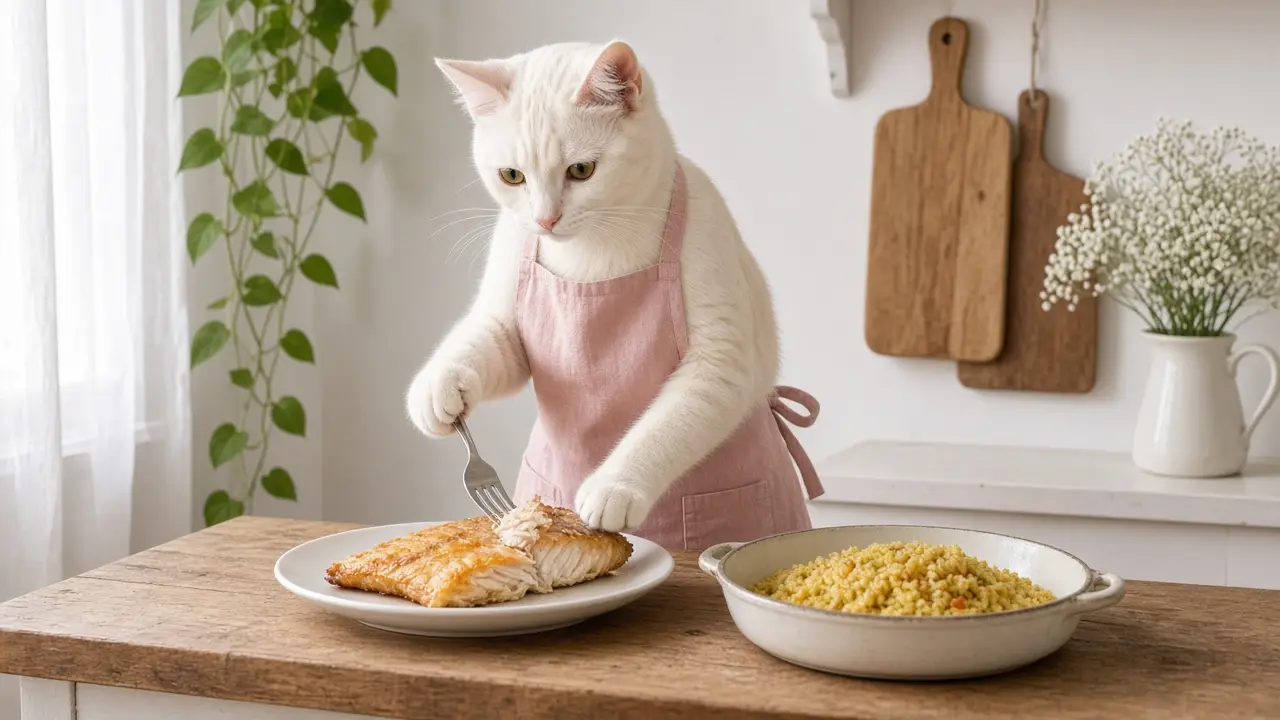 A cream-coloured cat in a pink apron, cooking this dish