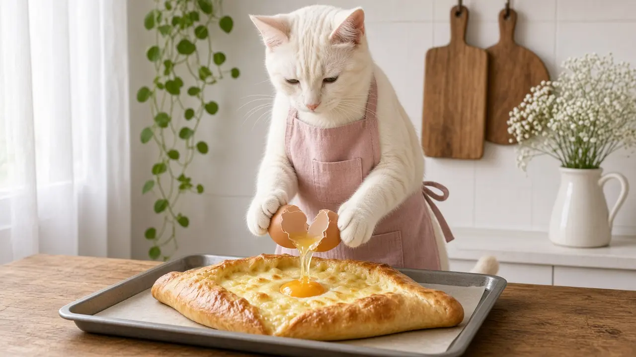 A cream-coloured cat in a pink apron, cooking this dish