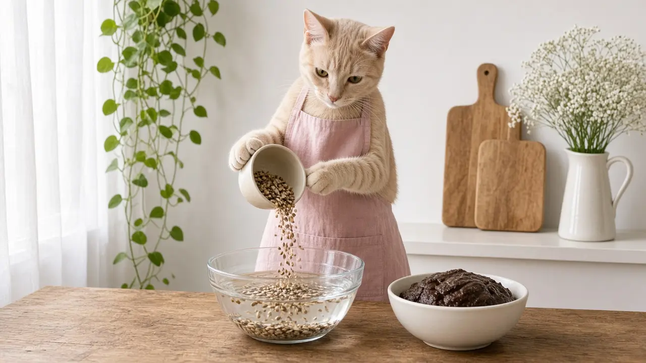 A cream-coloured cat in a pink apron, cooking this dish