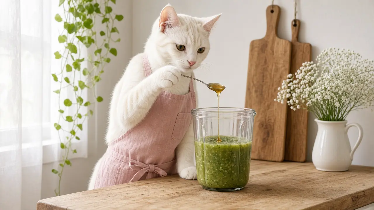 A cream-coloured cat in a pink apron, cooking this dish