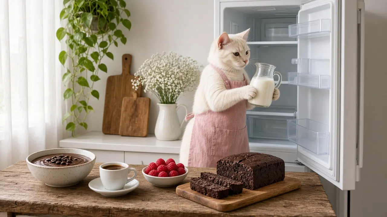 A cream-coloured cat in a pink apron, cooking this dish