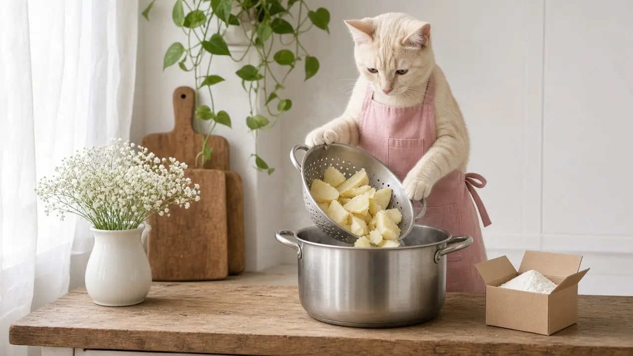 A cream-coloured cat in a pink apron, cooking this dish