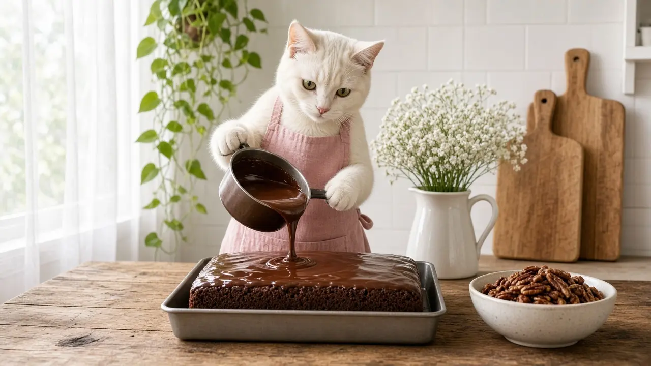 A cream-coloured cat in a pink apron, cooking this dish