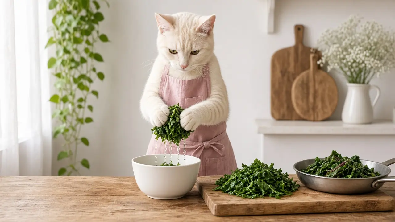 A cream-coloured cat in a pink apron, cooking this dish