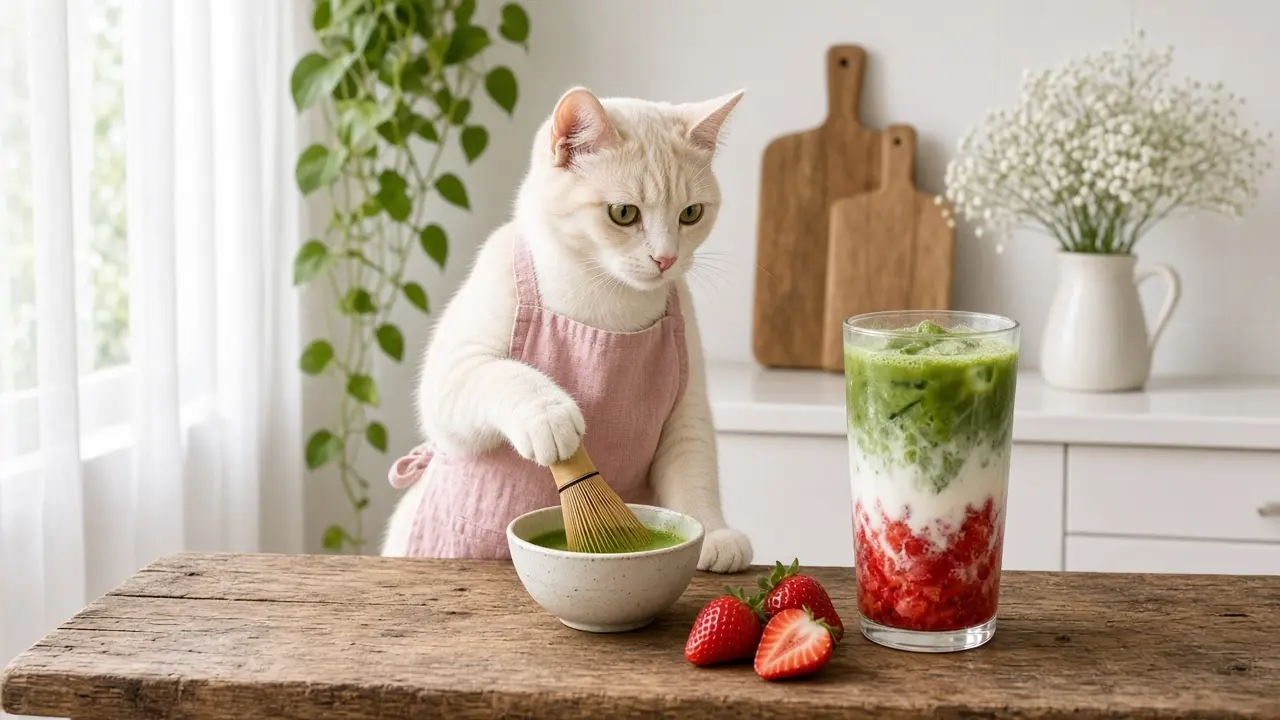 A cream-coloured cat in a pink apron, cooking this dish