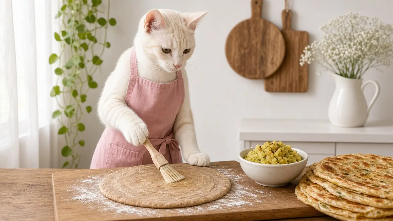 A cream-coloured cat in a pink apron, cooking this dish