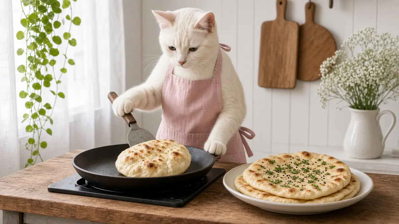 A cream-coloured cat in a pink apron, cooking this dish