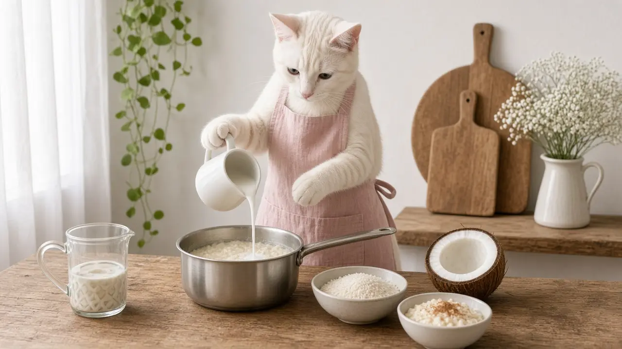 A cream-coloured cat in a pink apron, cooking this dish