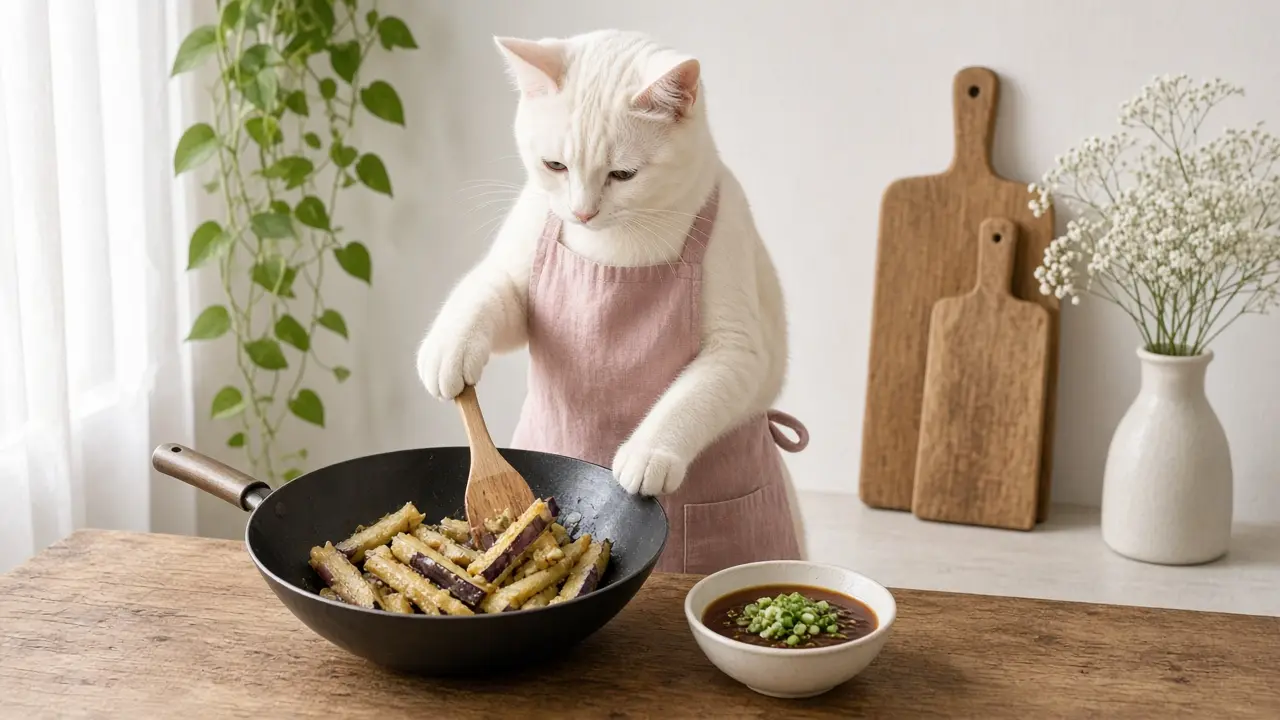 A cream-coloured cat in a pink apron, cooking this dish