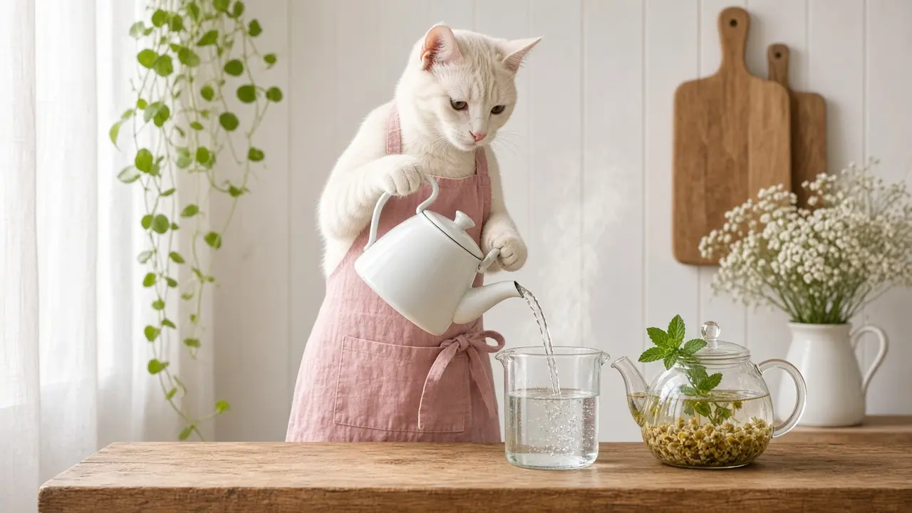 A cream-coloured cat in a pink apron, cooking this dish