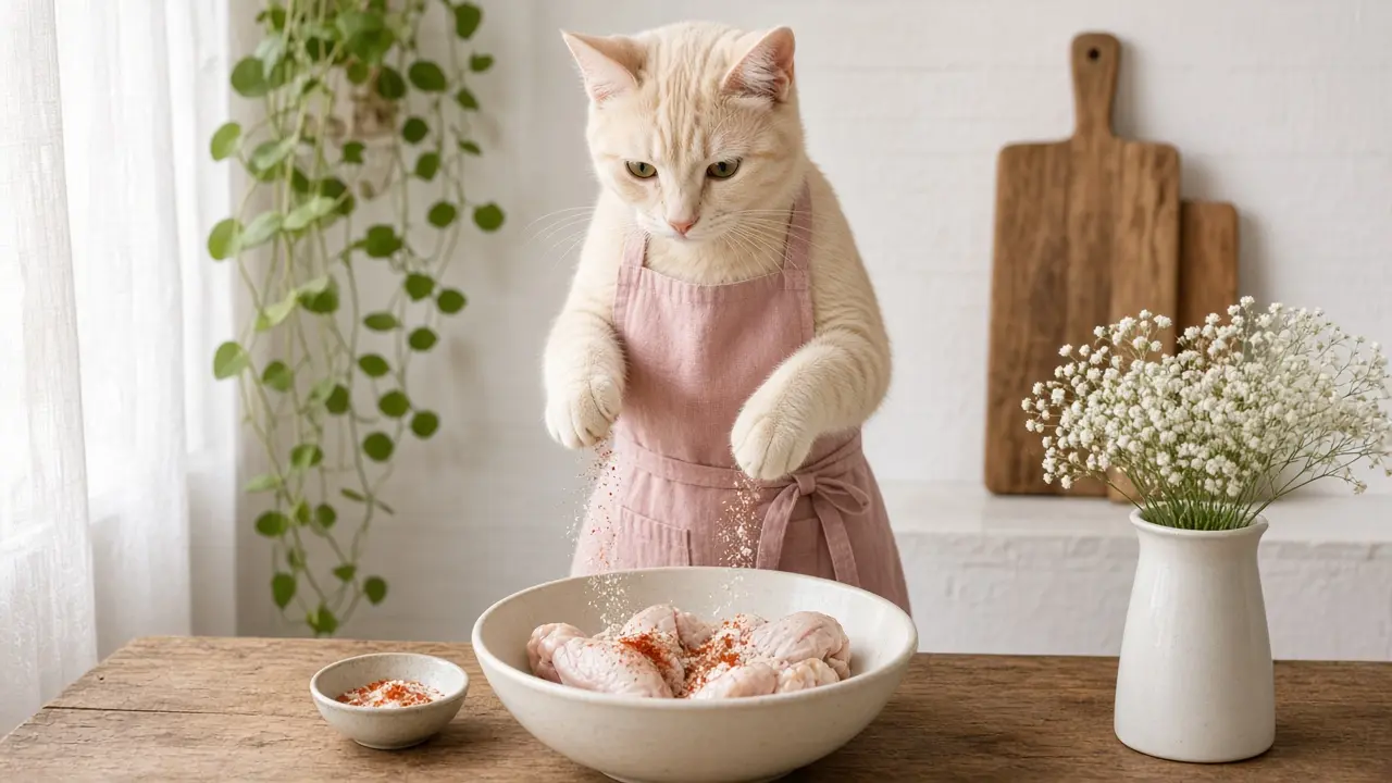A cream-coloured cat in a pink apron, cooking this dish