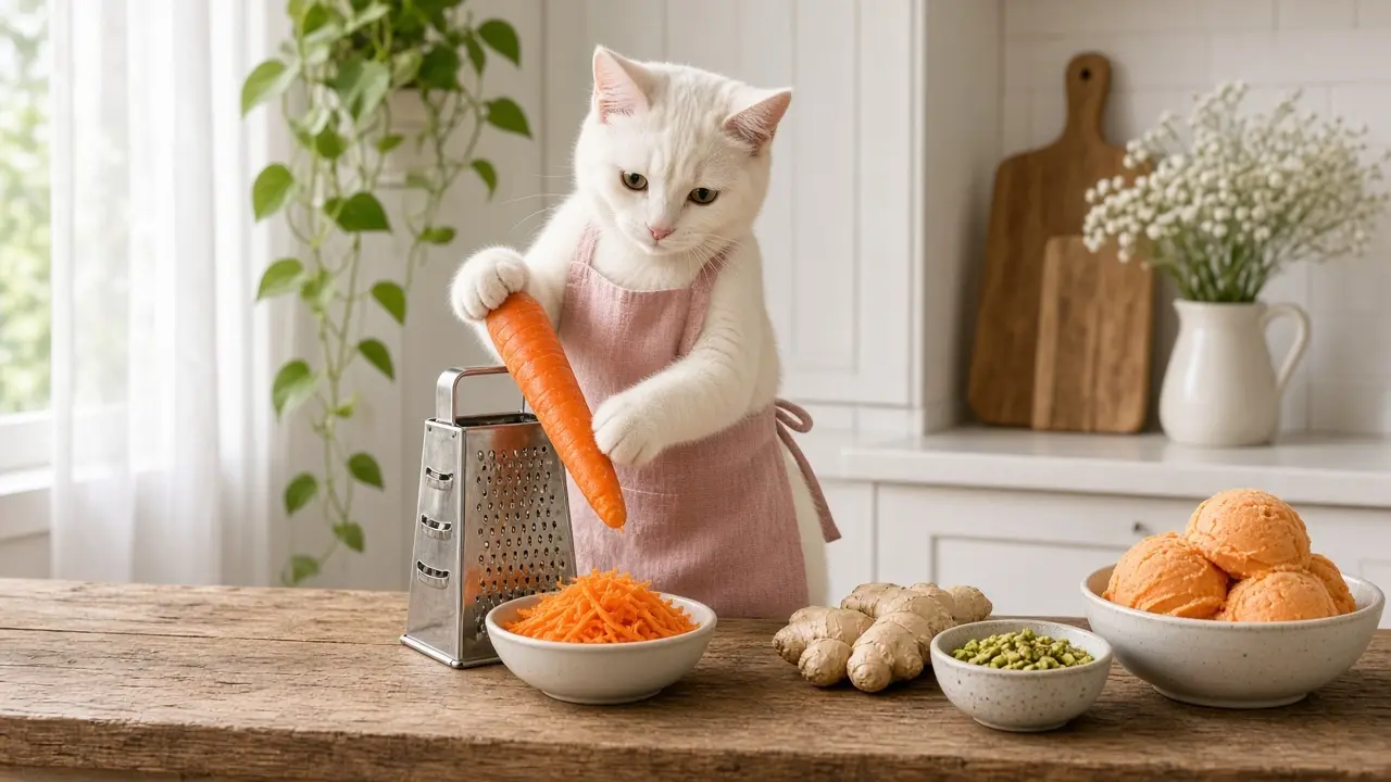 A cream-coloured cat in a pink apron, cooking this dish