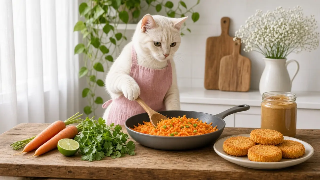 A cream-coloured cat in a pink apron, cooking this dish