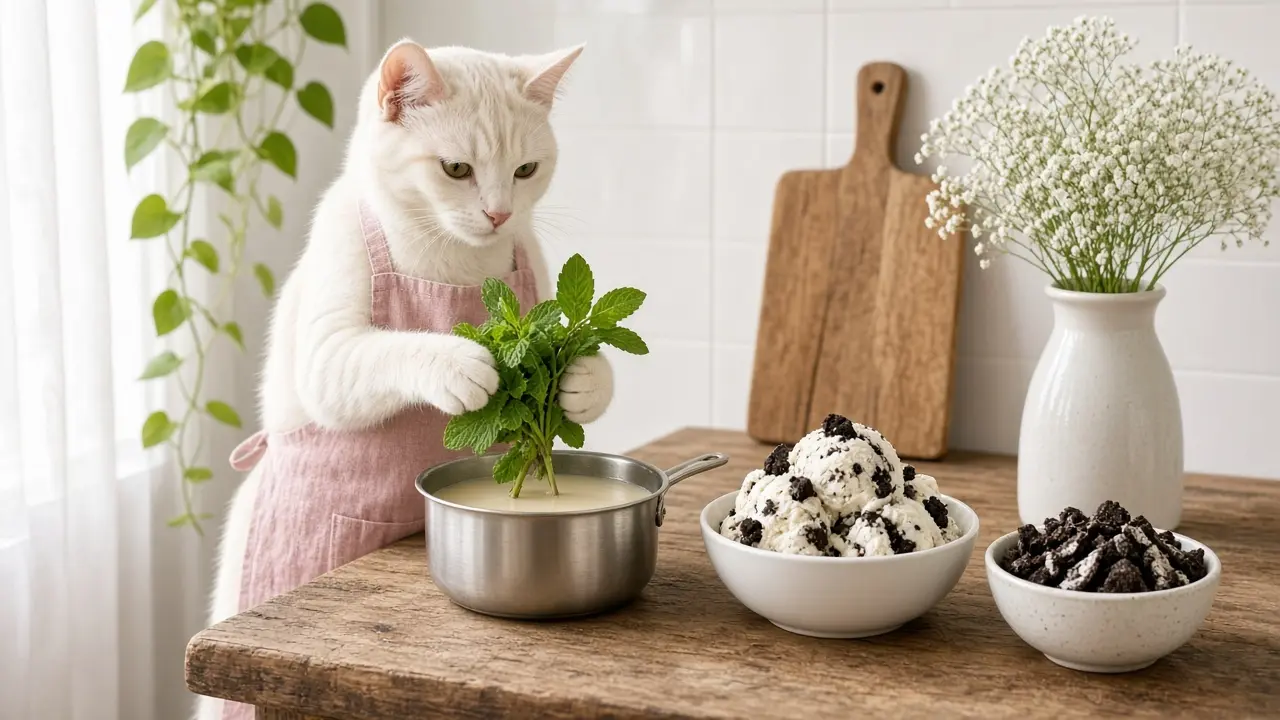 A cream-coloured cat in a pink apron, cooking this dish