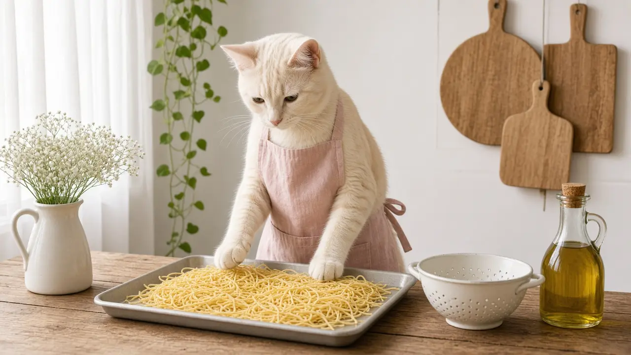 A cream-coloured cat in a pink apron, cooking this dish