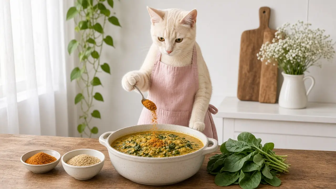 A cream-coloured cat in a pink apron, cooking this dish