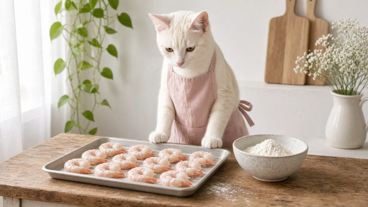 A cream-coloured cat in a pink apron, cooking this dish