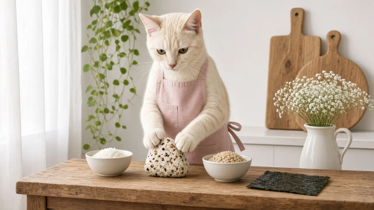A cream-coloured cat in a pink apron, cooking this dish