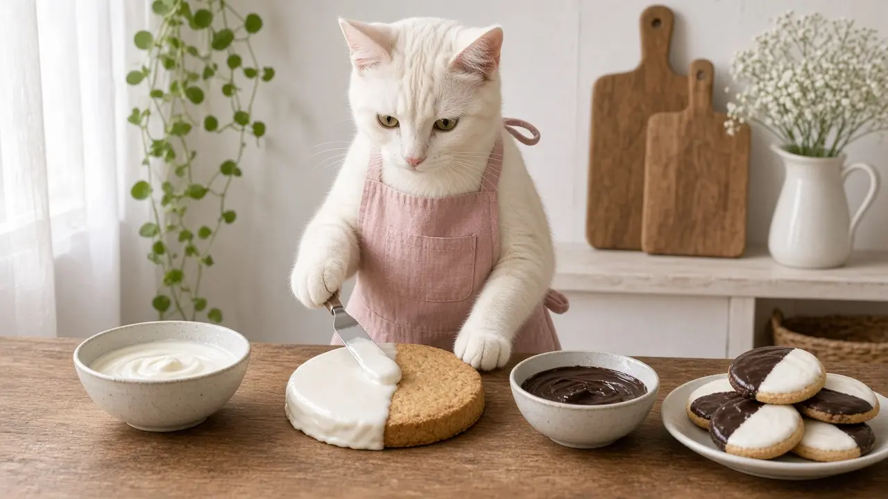 A cream-coloured cat in a pink apron, cooking this dish