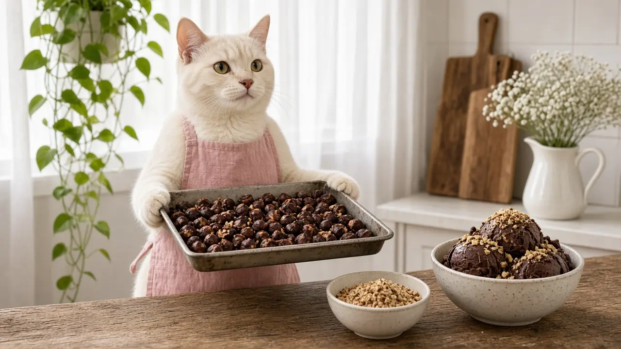 A cream-coloured cat in a pink apron, cooking this dish