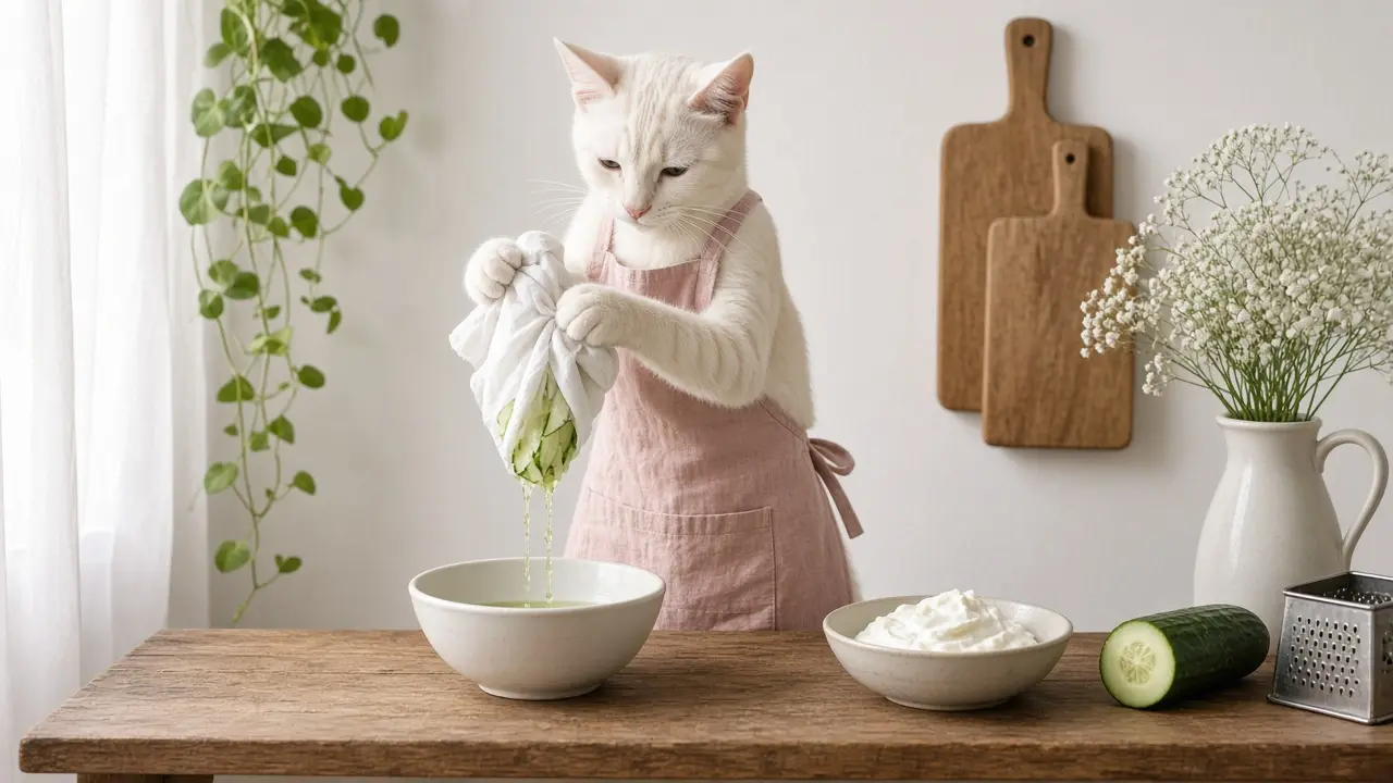 A cream-coloured cat in a pink apron, cooking this dish