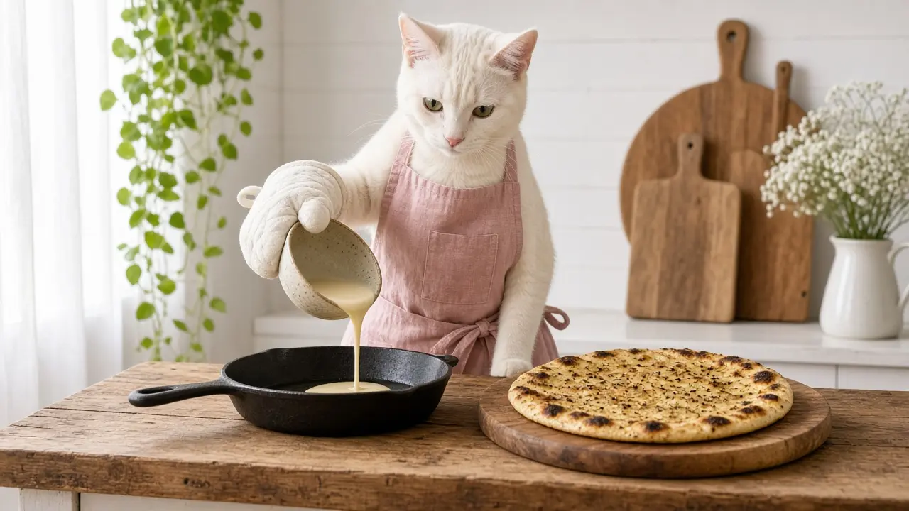 A cream-coloured cat in a pink apron, cooking this dish