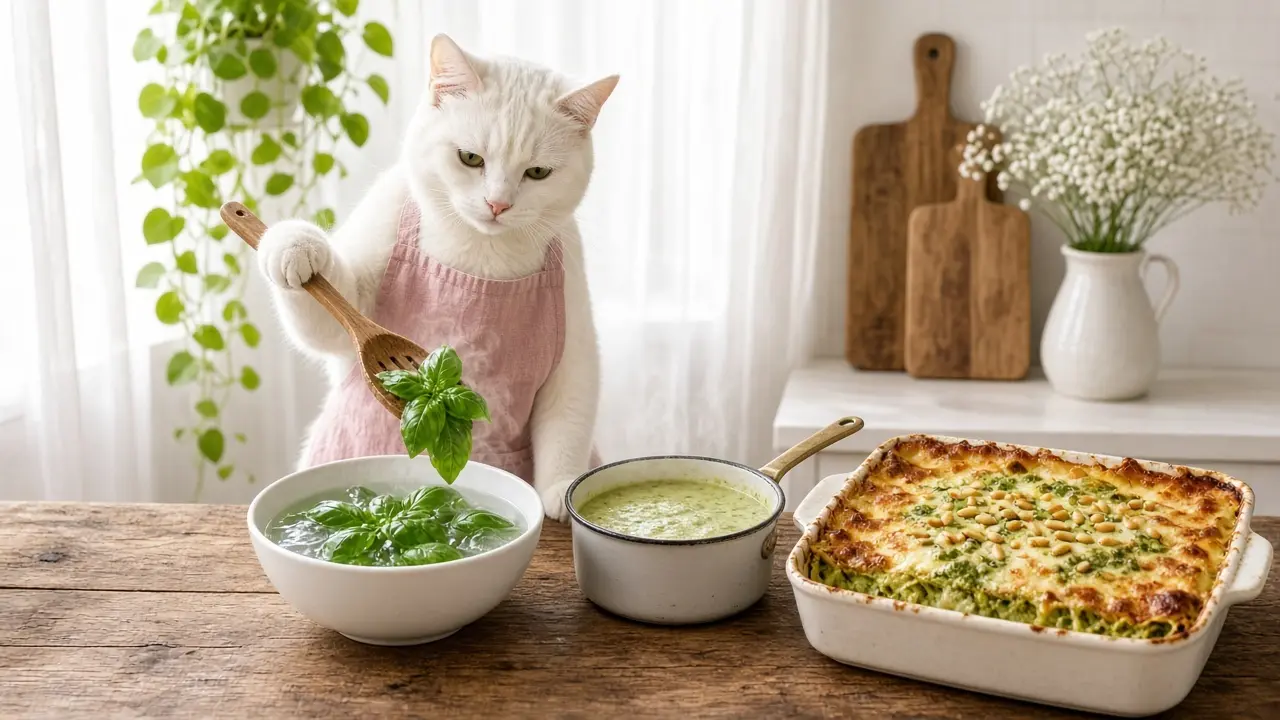 A cream-coloured cat in a pink apron, cooking this dish