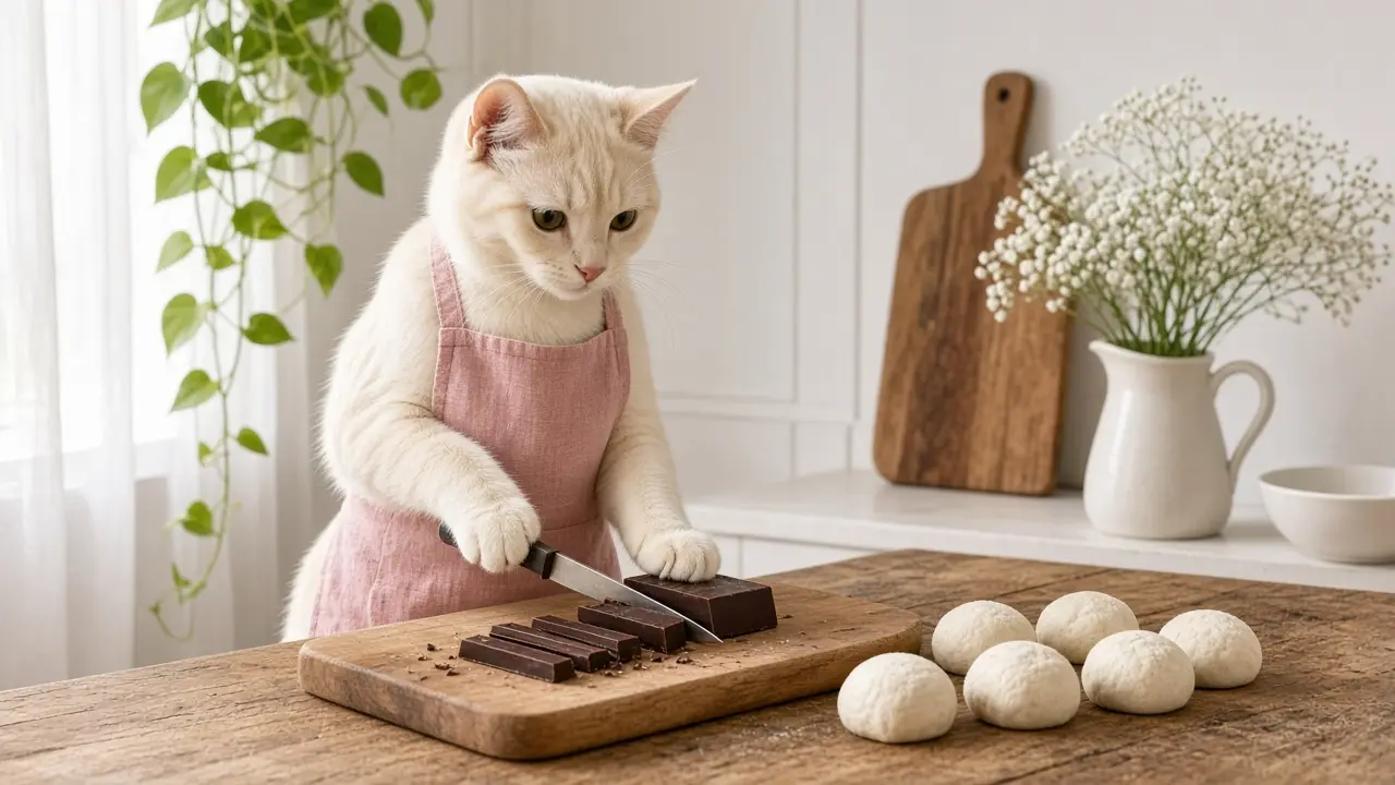 A cream-coloured cat in a pink apron, cooking this dish