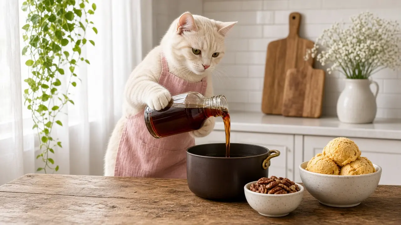 A cream-coloured cat in a pink apron, cooking this dish