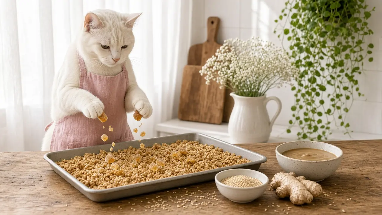 A cream-coloured cat in a pink apron, cooking this dish