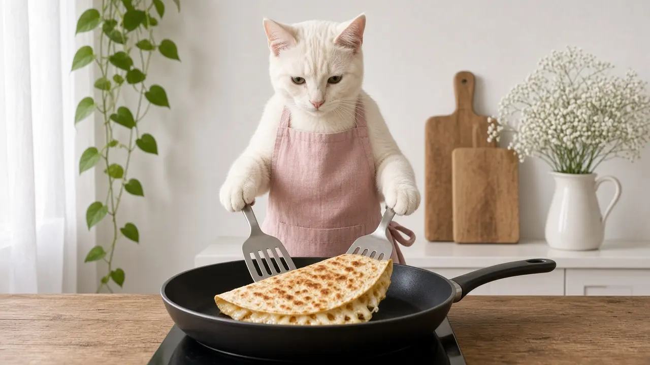 A cream-coloured cat in a pink apron, cooking this dish