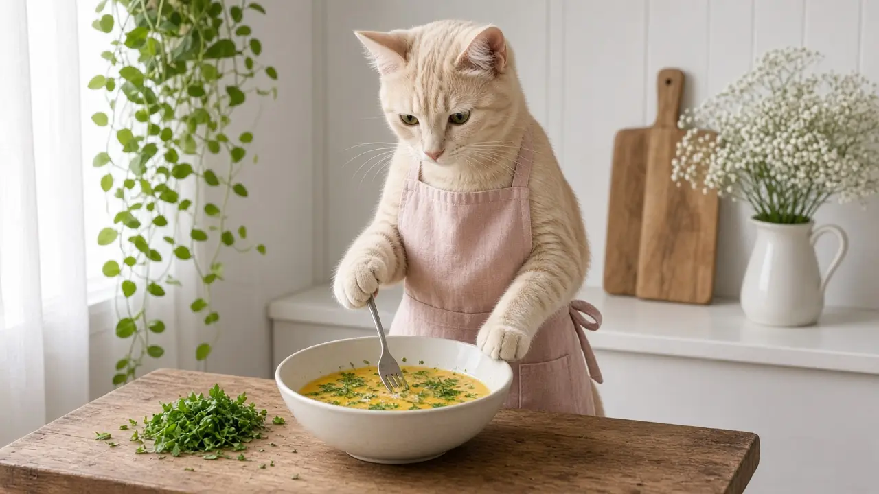 A cream-coloured cat in a pink apron, cooking this dish