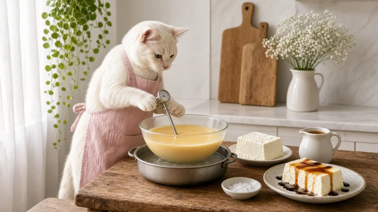 A cream-coloured cat in a pink apron, cooking this dish