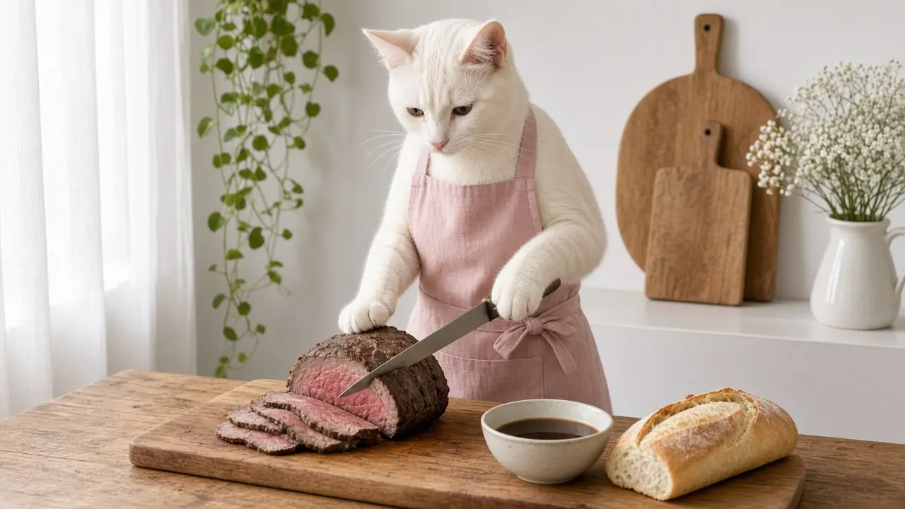 A cream-coloured cat in a pink apron, cooking this dish