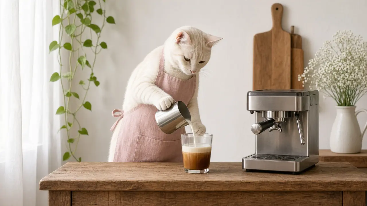 A cream-coloured cat in a pink apron, cooking this dish