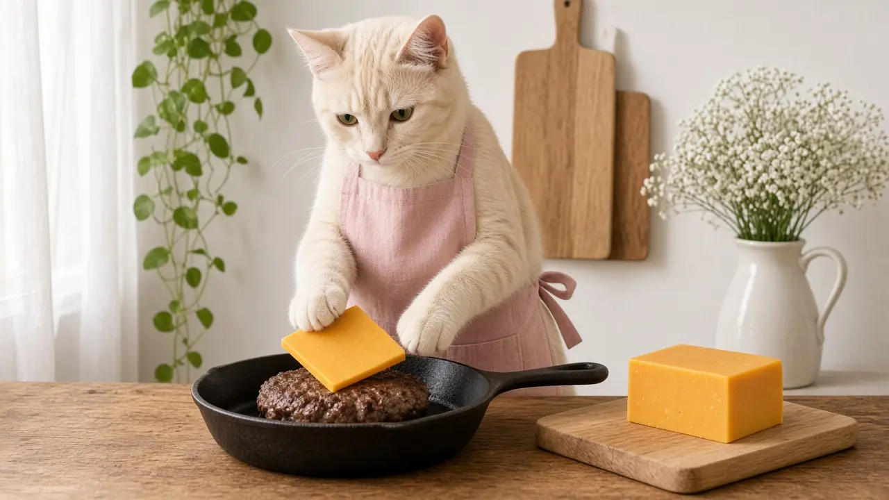 A cream-coloured cat in a pink apron, cooking this dish