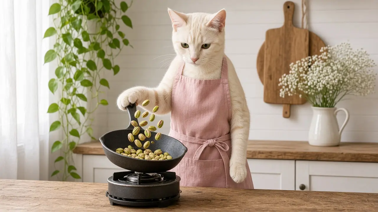 A cream-coloured cat in a pink apron, cooking this dish