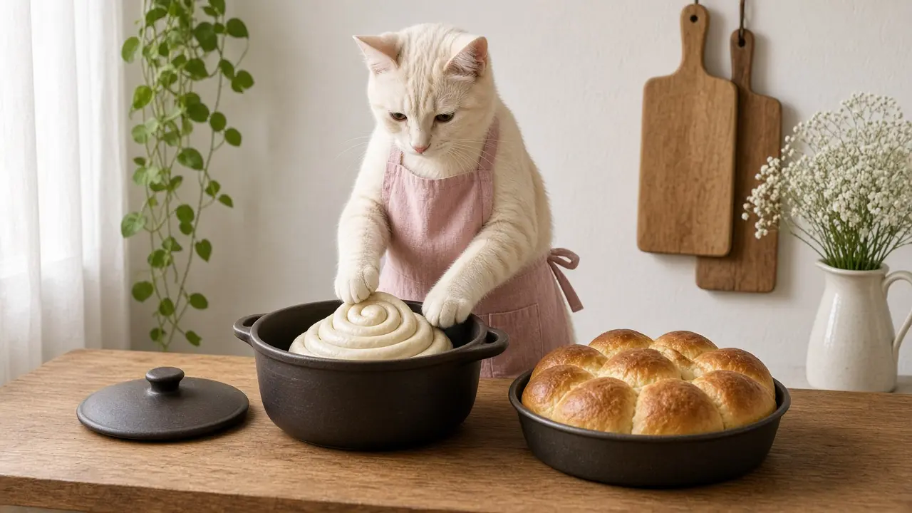 A cream-coloured cat in a pink apron, cooking this dish