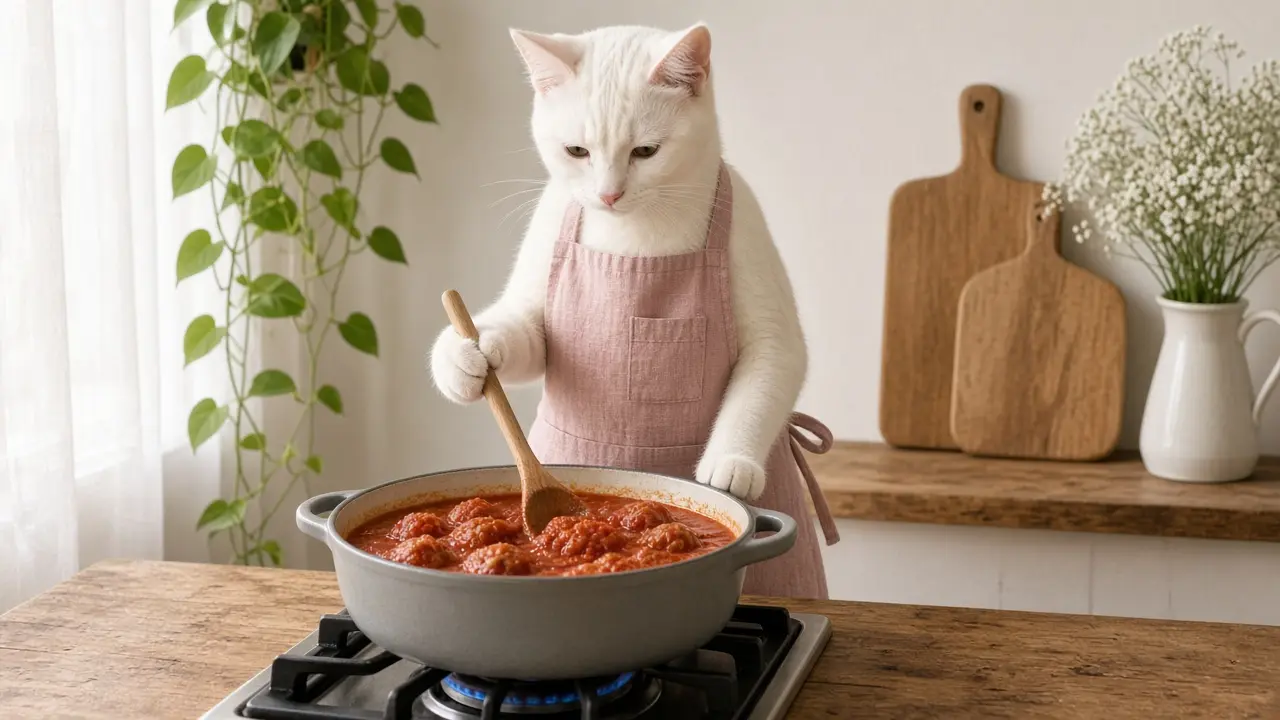 A cream-coloured cat in a pink apron, cooking this dish