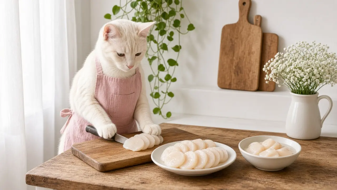 A cream-coloured cat in a pink apron, cooking this dish