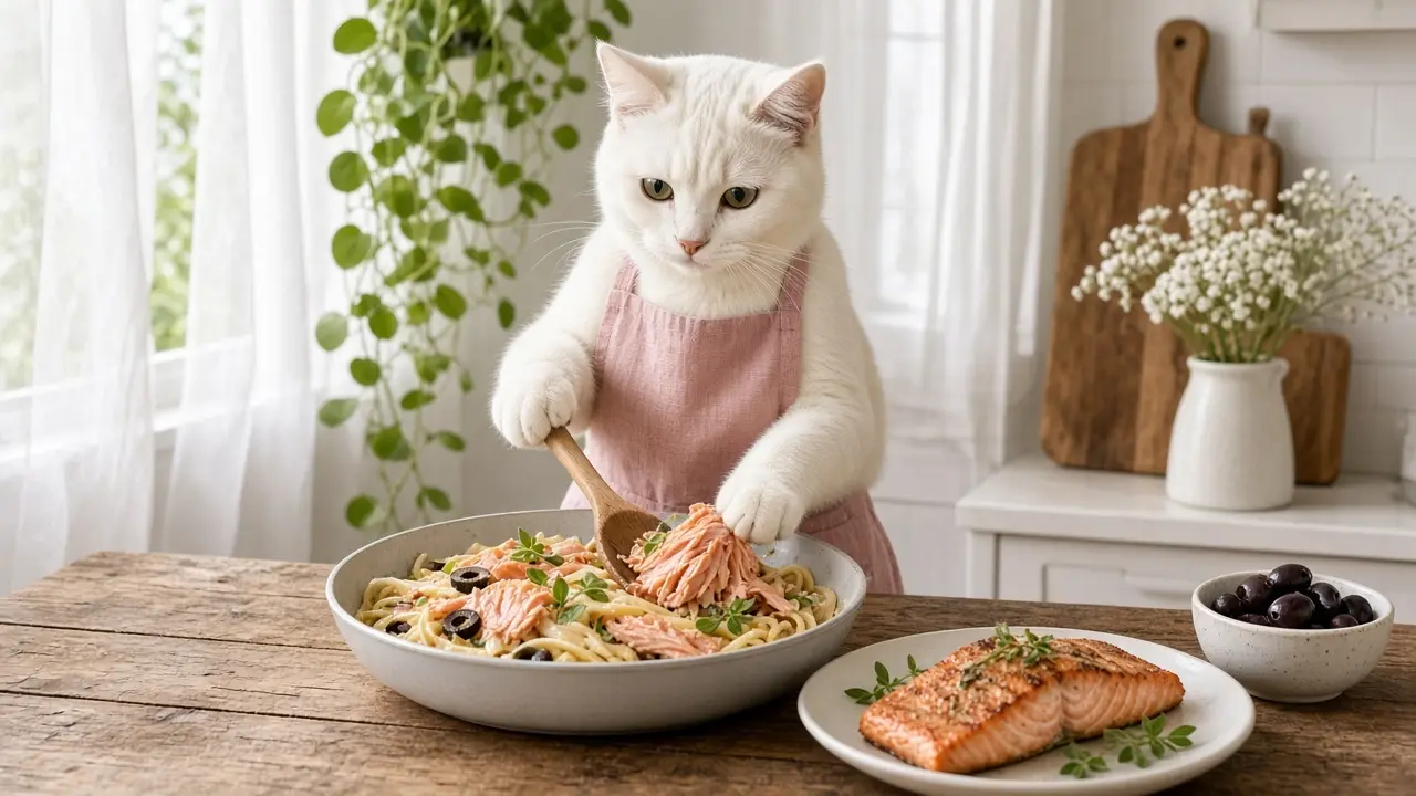 A cream-coloured cat in a pink apron, cooking this dish