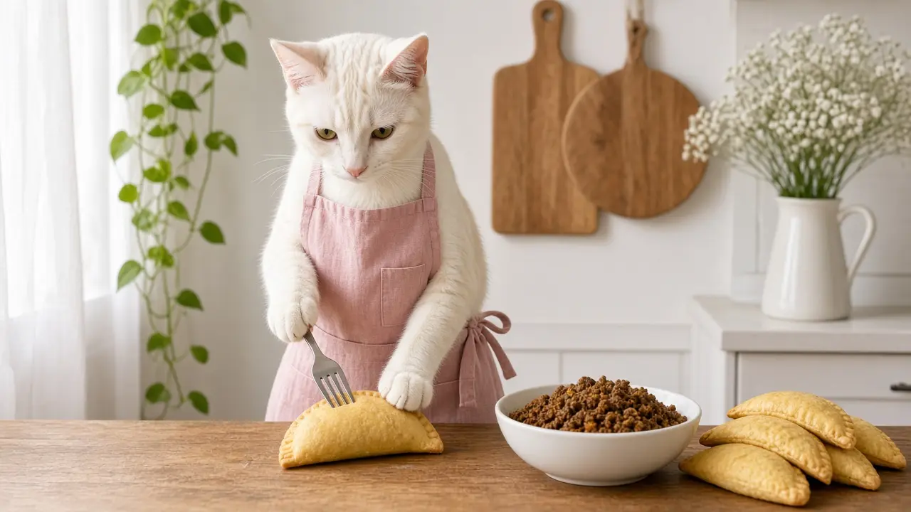 A cream-coloured cat in a pink apron, cooking this dish