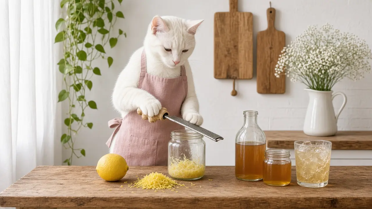 A cream-coloured cat in a pink apron, cooking this dish